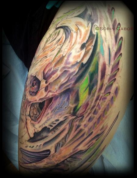 Tattoos - realistic color bio organic skull tattoo - 131440
